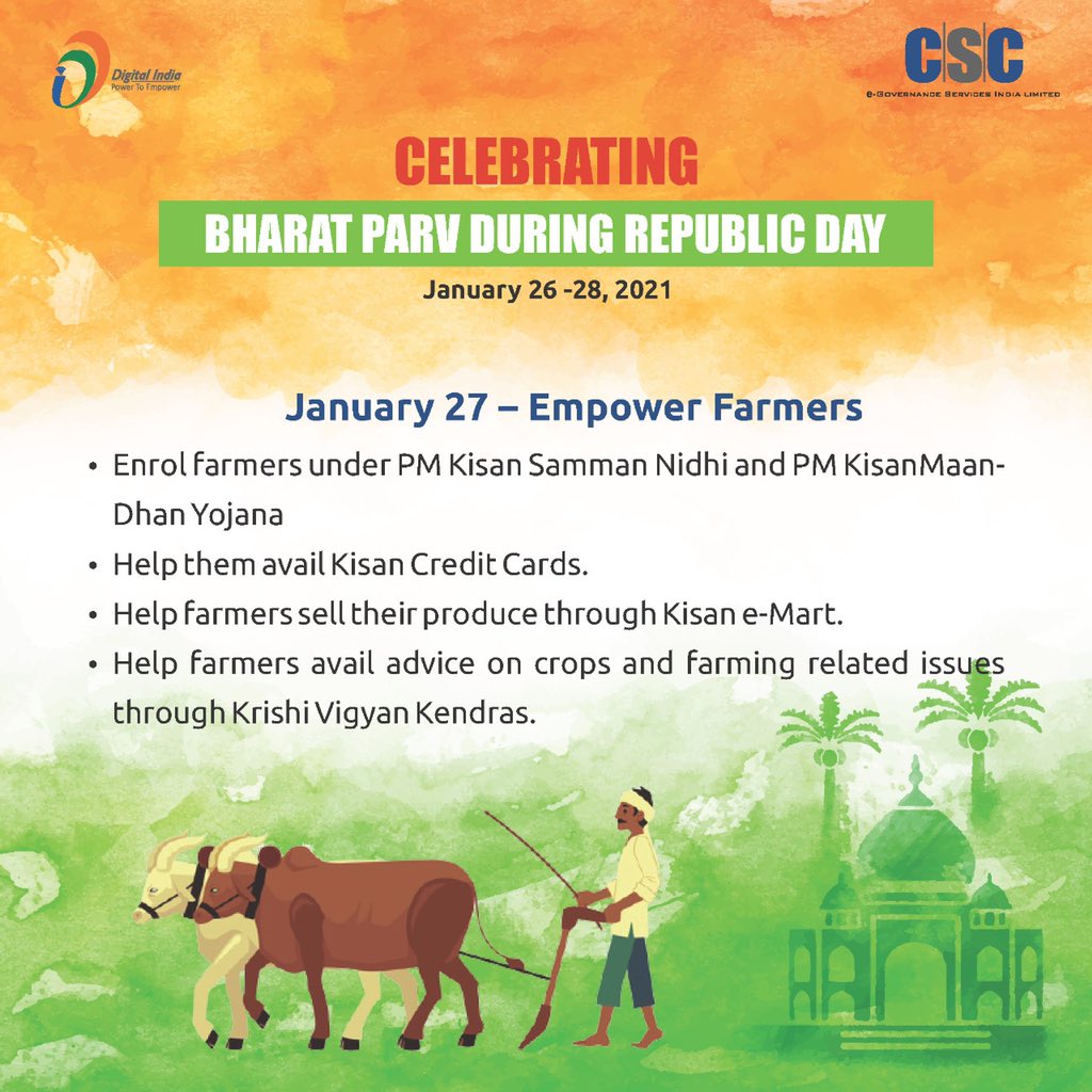 PrabalSingh150's tweet photo. Dear VLEs,

Let’s all celebrate “Bharat Parv” to empower farmers through various agricultural services.

Try to engage with every farmer in your area .

#CSCBharatParv https://t.co/qdtkKKUOPW
