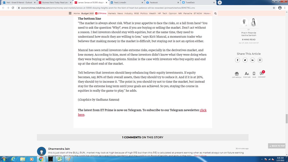 KiritManral's tweet photo. "The market is always about risks. What is your appetite to face risks or a fall from here." 
Here again I emphasise the importance of risk management. Quoted in @ETPrime_com today in article by @lonelycrowd. Thanks Pravin. https://t.co/eGVZEvpklq