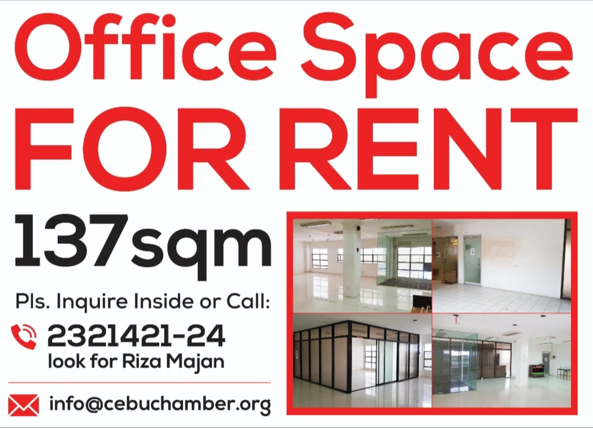 Strategic Office Space for RENT at Cebu Chamber Centre corner Commerce and Industry Streets, Brgy. Tejero, North Reclamation Area, Cebu City. Please contact Ms. Riza Majan at 2321421-24/09060530486 or email us at info@cebuchamber.org.