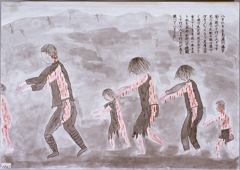 Haruo Ikegame. There was a long line of people fleeing, crying for water and thrusting their arms forward. On the side exposed to the flash, their clothes were tattered, their bodies burned red and festering, their skin peeled back and hanging in shreds.