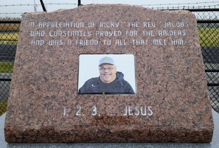 This memorial honoring longtime Richmond supporter Rev. Ricky Jacobs is now displayed at Raider Stadium. 

“In appreciation of Ricky ‘The Rev’ Jacobs who constantly prayed for the Raiders and was a friend to all that met him.”

Photo courtesy of Collard Green Stories.