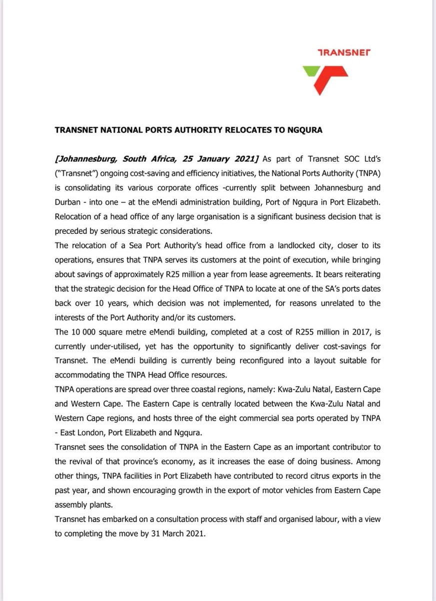Sthera_h's tweet photo. Transnet National Ports Authority head office relocates to the Eastern Cape #homeofthelegends #transnet #transnetnpa https://t.co/ahI7euqIe3