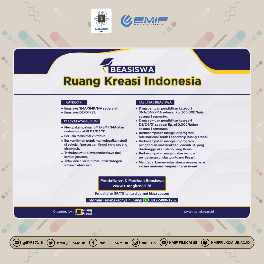 HMIF_FilkomUB's tweet photo. [INFO BEASISWA : RUANG KREASI 2021]

Hallo Informatics!

Heyy scholarship hunters yang ingin mengembangkan kreativitasnya yang terpendam, bisa banget nih mengikuti Beasiswa Ruang Kreasi.

Info selengkapnya dapat mengunjungi :
🌐 https://t.co/2rTX6TBfmN 
🌐 https://t.co/g0JUpxaSoQ https://t.co/kP2XrzrKb6