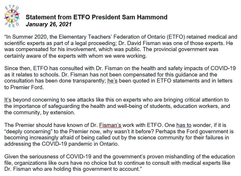 Elementary Educators (@etfoeducators) on Twitter photo Statement from <a href="/ETFOpresident/">Karen Brown</a> Sam Hammond on #ETFO's work with <a href="/DFisman/">David Fisman</a>.
#onpoli #onted Statement from <a href="/ETFOpresident/">Karen Brown</a> Sam Hammond on #ETFO's work with <a href="/DFisman/">David Fisman</a>.
#onpoli #onted