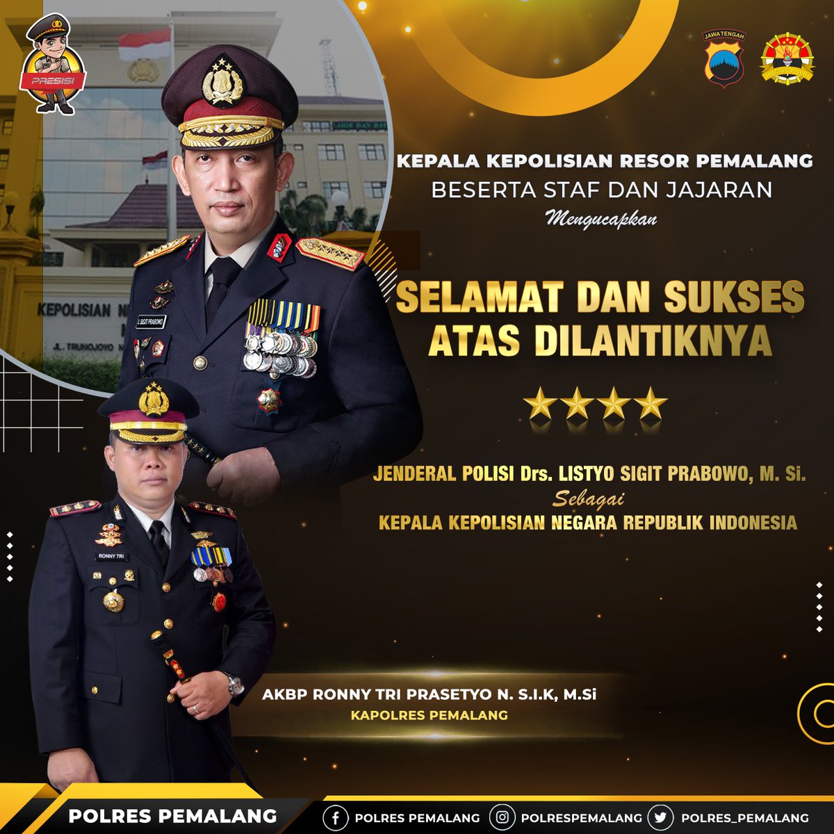 polres_pemalang's tweet photo. Kapolres pemalang beserta staf Mengucapkan Selamat atas dilantiknya JENDERAL POLISI Drs. LISTYO SIGIT PRABOWO, https://t.co/NBrNFyQNYv.  SebagaI KEPALA KEPOLISIAN NEGARA REPUBLIK INDONESIA Semoga sukses dan amanah utk mewujudkan Polri yang Presisi.
#KapolriSiapBertugas https://t.co/vLplHRjPAi