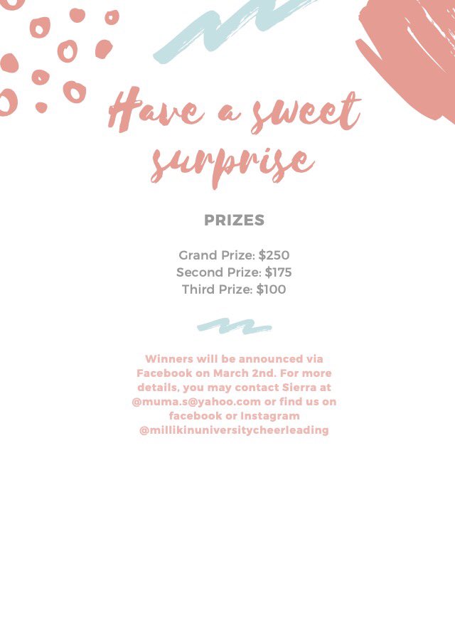 MillikinCheer's tweet photo. Team fundraiser time 📣 join us on our virtual ticket raffle to get a chance to win cash. Each ticket cost $10 and are available for purchase by any cheerleaders or you can DM this account. Money can be sent to coach Sierra on venmo (Sierra-Muma) or cashapp ($snmuma). https://t.co/hYQ78uuqlu