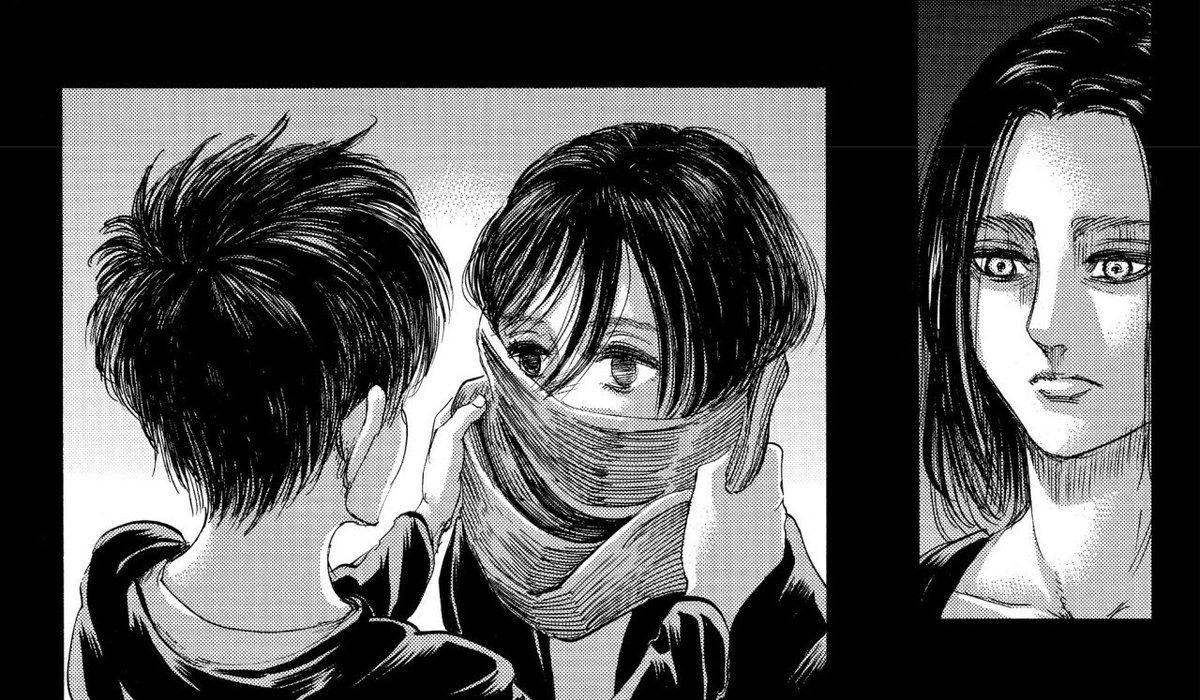 afterwards in paths zeke catches him stopping to stare at the memory of him wrapping his scarf around mikasa. he told her he would wrap it around her again and again forever, and before marley, he apparently sought to hear the words that made him promise that in the first place
