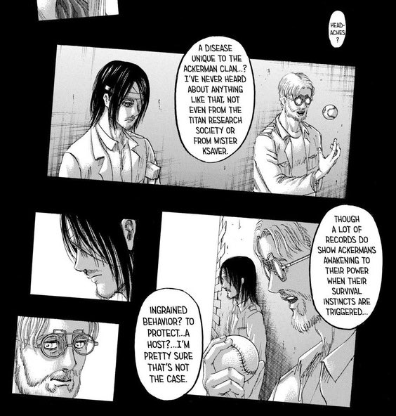 all of this goes without mentioning him approaching zeke about the alluded ackerbond and zeke telling him she just loves him (also zeke’s smile?) and eren using this to hurt her in ch 112 and her being the biggest memory shards etc. why is her attachment to him important to HIM?