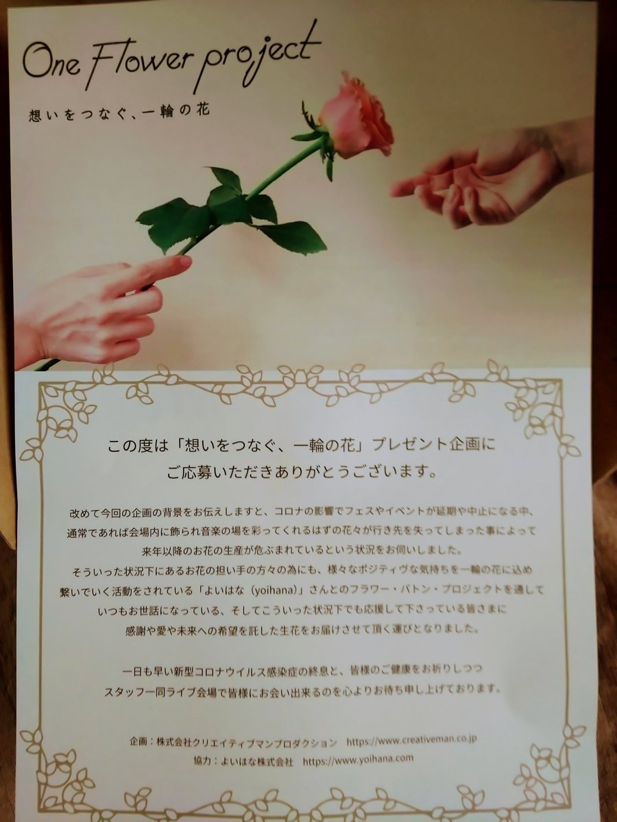 COCOARICCI's tweet photo. 1輪の花🌷届きました♪
とっても嬉しいです!ありがとうございます♪♪♪
LIVEは延期の延期になってしまいましたが楽しみにしています(*^^*)♪♪
#よいはな #yoihana
#OneFlowerProject #creativeman https://t.co/q69H1J7LHx
