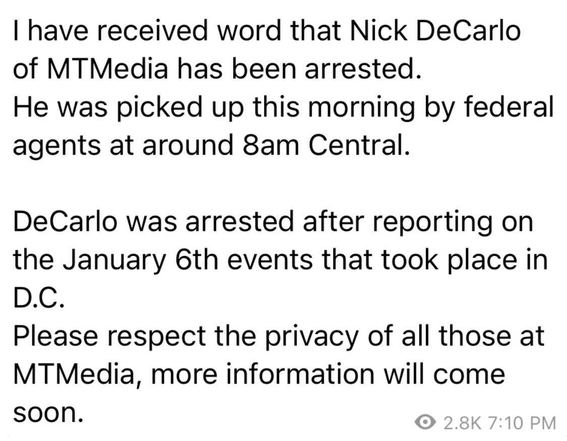A forwarded message in the Proud Boys’ Telegram account suggests Nick DeCarlos (of Murder the Media) has been arrested. He shared a room with Nicholas Ochs (Hawaii Proud Boys leader) the night before the insurrection and stormed the Capitol together. https://t.co/1CCGPeYwzF