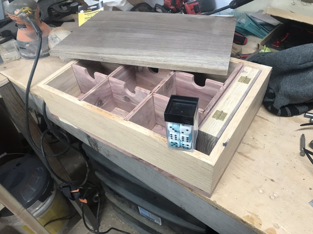 infecthall's tweet photo. Ok I love it when happy little accidents happen! I left space enough to be able to get the dice box out, little did I know (until now) it’s the perfect size for a box of chessex dice! I wasn’t going to take anymore pics until it was done but I HAD to share this!#mtg #mtgdeckvault https://t.co/Tdh5c8XYnT