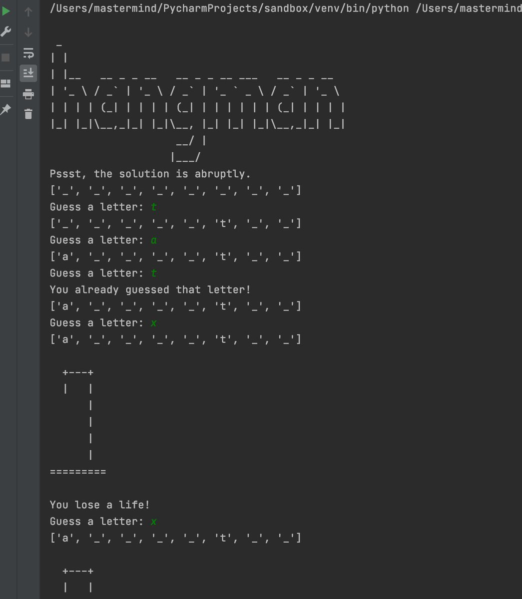 viraj155's tweet photo. Went slightly off script to try something. Here's my hangman game from #100DaysOfCode #day7 

@taimoormaliik @peiyun_shen 
p.s. I will maintain my lead haha! 😁 https://t.co/0uZesIRHCR