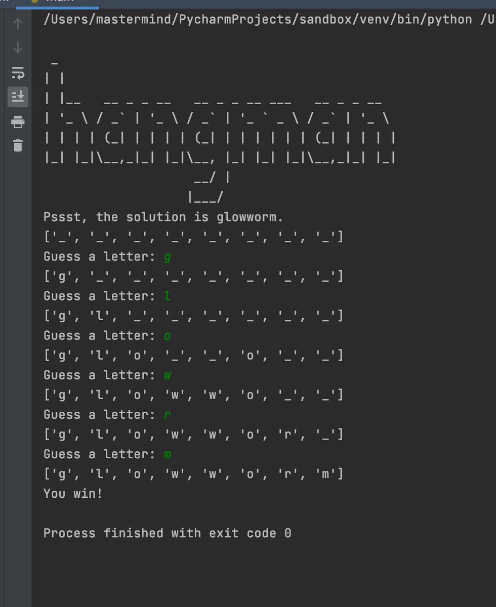 viraj155's tweet photo. Went slightly off script to try something. Here's my hangman game from #100DaysOfCode #day7 

@taimoormaliik @peiyun_shen 
p.s. I will maintain my lead haha! 😁 https://t.co/0uZesIRHCR