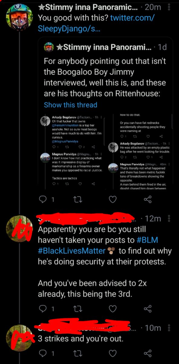 Apparently if you show a mutual who's waxing poetic about the boogaloo boy "doing security" for a BLM protest these receipts straight from his mouth, they'll block you lol.Very brave truth-telling