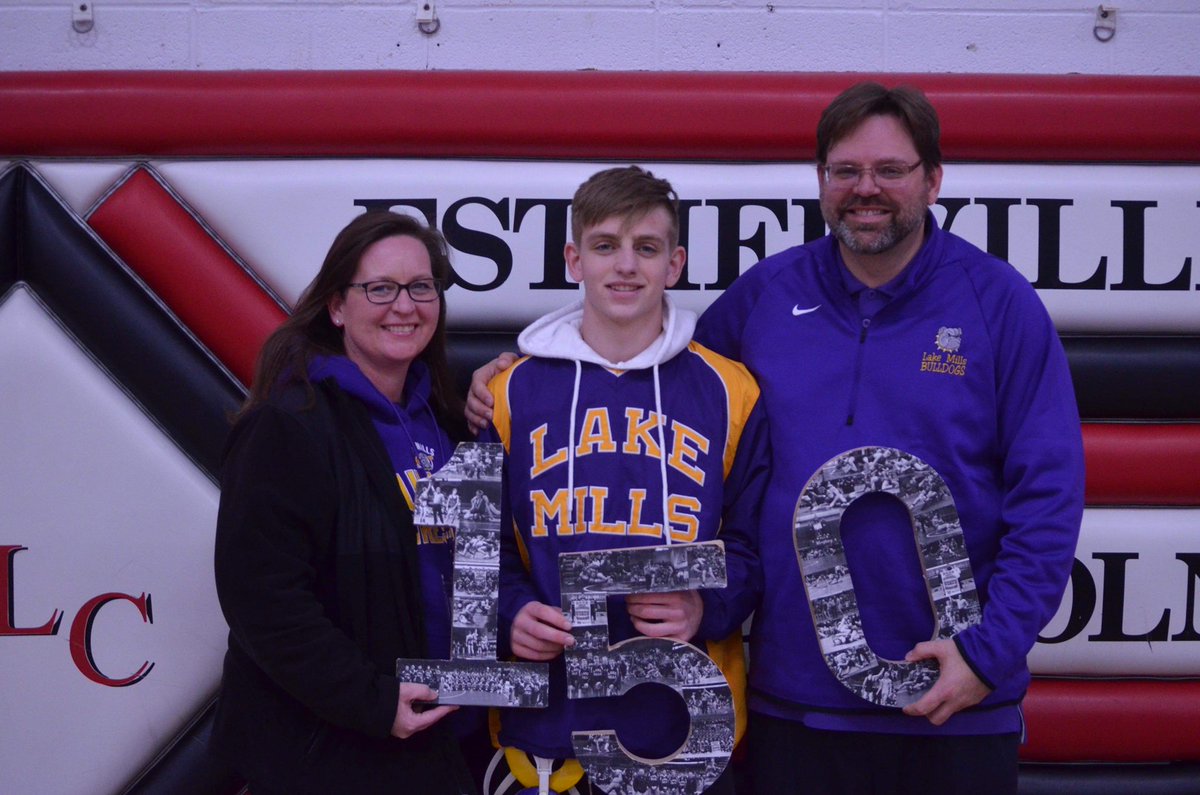 Jack Ramaker started the night out on a high note- receiving his 1️⃣5️⃣0️⃣th WIN with a 30 sec pin!!! Congrats Jack on all of your accomplishments throughout your wrestling career. That makes 3 senior wrestlers reaching the 150 win milestone this year! 💜💛🐾 <a href="/jackr1491/">Jack Ramaker</a>