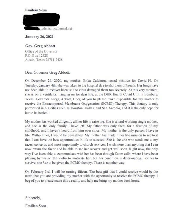 This letter was written by a student at Rowe HS. He is an only child. I hope that someone out there can please help this 14 year old boy and his precious mother. Please stay safe and may God bless you always! RT! <a href="/GregAbbott_TX/">Greg Abbott</a>