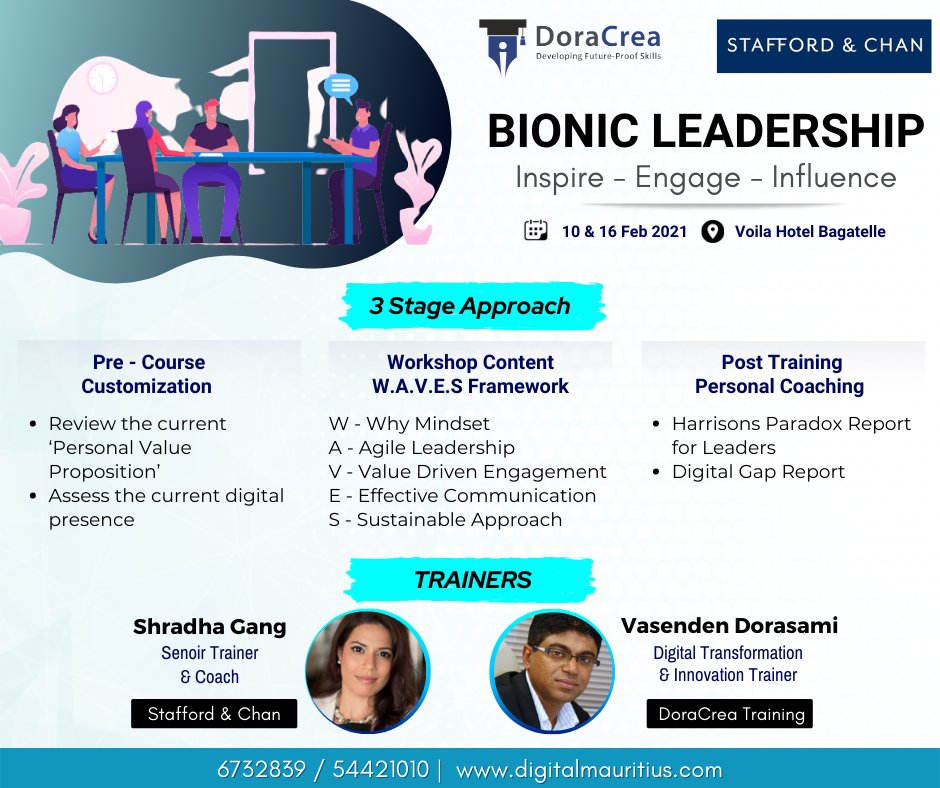 crea_dora's tweet photo. Join our brand new workshop - "Bionic Leadership" - 10th &amp; 16th Feb 2021 
#digitaltransformation
Register with DoraCrea Training- 5421 1010
#staffordandchan #agileleadership #effectivecommunication https://t.co/etBinqVi4u