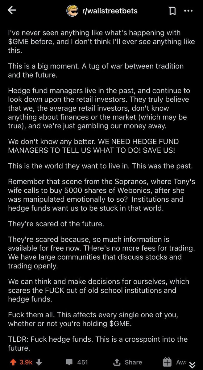 So many interesting things about this story, including the fact the hedge funds shorting the stock were counting on bankruptcy & the loss of thousands of jobs, just to maximize their profits from rigging the system, and it got shoved right back in their faces