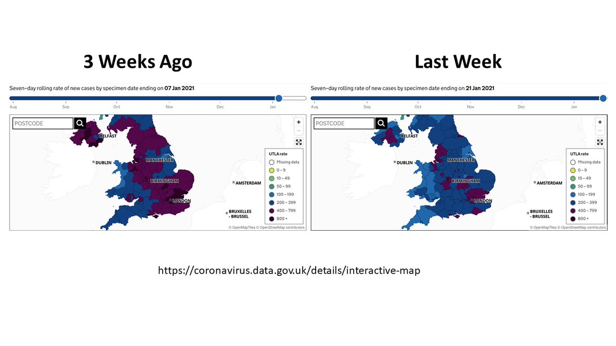 12. So, what is happening in England now? I'll let the maps below speak for themselves - cases per 100,000 population in the week of Jan 7 (~2 generation times after the variant was first widely publicized) and the week of Jan 21 (2 weeks later).