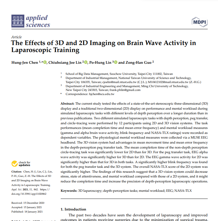 AndrewWoodsAU's tweet photo. New citation of my papers:
"The Effects of 3D and 2D Imaging on Brain Wave Activity in Laparoscopic Training" in the Journal "Applied Sciences"
https://t.co/6HFnPLffNB
Thanks to the authors for citing my work. https://t.co/sMQosI6QXS