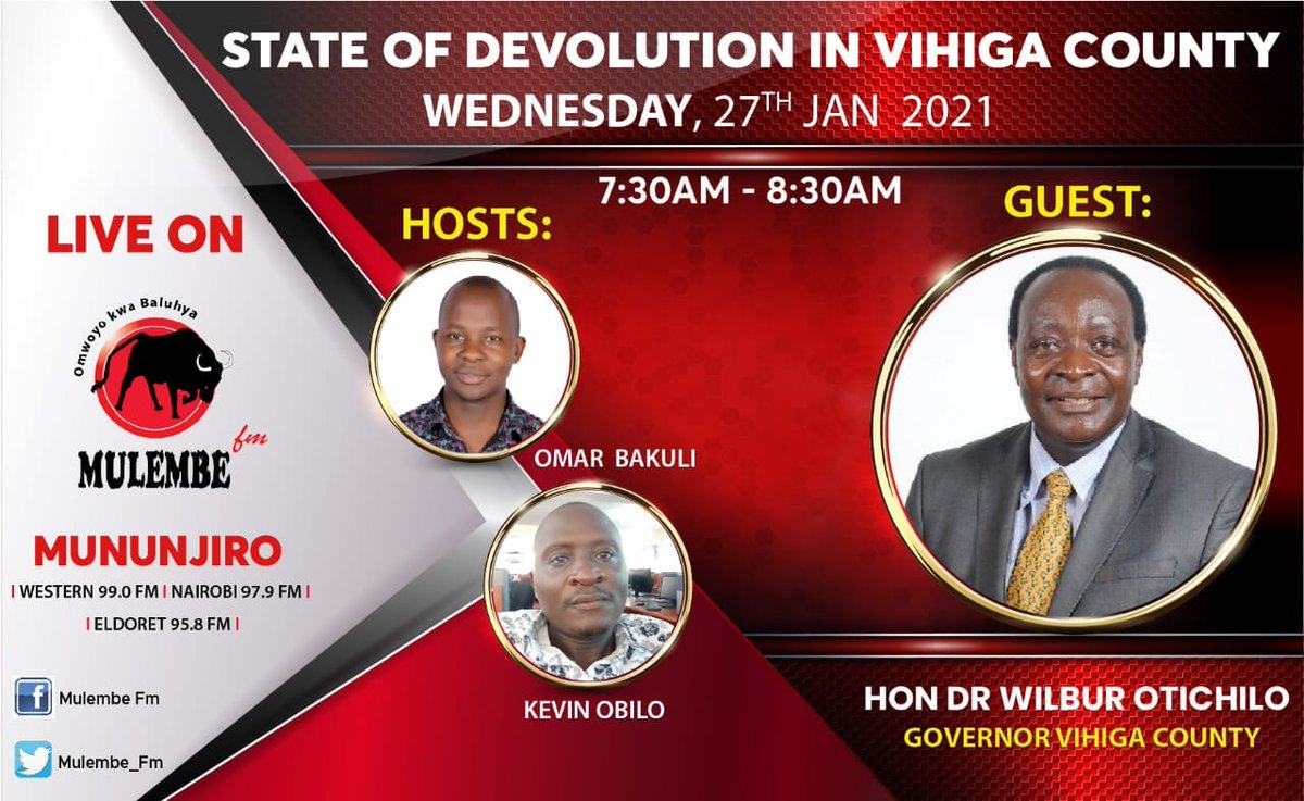 #Mununjiro7:30am Je ugatuzi umeinua hali ya maisha mashinani? leo tunaye Gavana wa Kaunti ya Vihiga Dr Wilber Ottichilo tukiangazia haya yote, swali lako..? 
<a href="/Mulembe_FM/">MulembeFM</a>
 sms 22954
@GovernorVihiga <a href="/Bakuli1/">Omar Bakuli Lutatwa</a>
 <a href="/ObiloKevin/">Kevin Obilo</a>