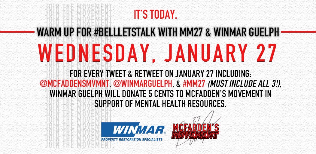 It’s today!

Warm Up for #BellLetsTalk with #MM27 and <a href="/WinmarGuelph/">WINMAR® Property Restoration Specialists - Guelph</a>!

For every tweet/retweet today including <a href="/McFaddensMvmnt/">McFadden's Movement</a>, <a href="/WinmarGuelph/">WINMAR® Property Restoration Specialists - Guelph</a>, &amp; #MM27 (must include all 3!), <a href="/WinmarGuelph/">WINMAR® Property Restoration Specialists - Guelph</a> will donate 5 cents in support of mental health resources!

🔗 bit.ly/WarmUp2021