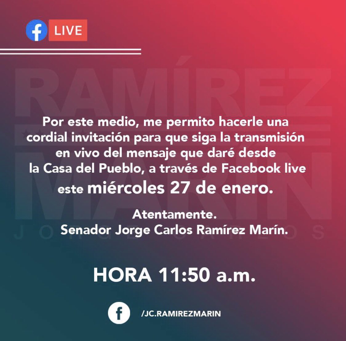 samaraozjz's tweet photo. Acompañemos mañana al senador @jc_ramirezmarin por Facebook live para escuchar su mensaje! https://t.co/REeb8JoDJG