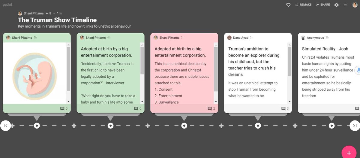 AIS_English's tweet photo. Ms Shani's Year 8 class are exploring ethics in The Truman Show. How impressive are their Padlets which track the timeline of events and explore how character is created? Well done everyone! https://t.co/fwTUxGKjAn