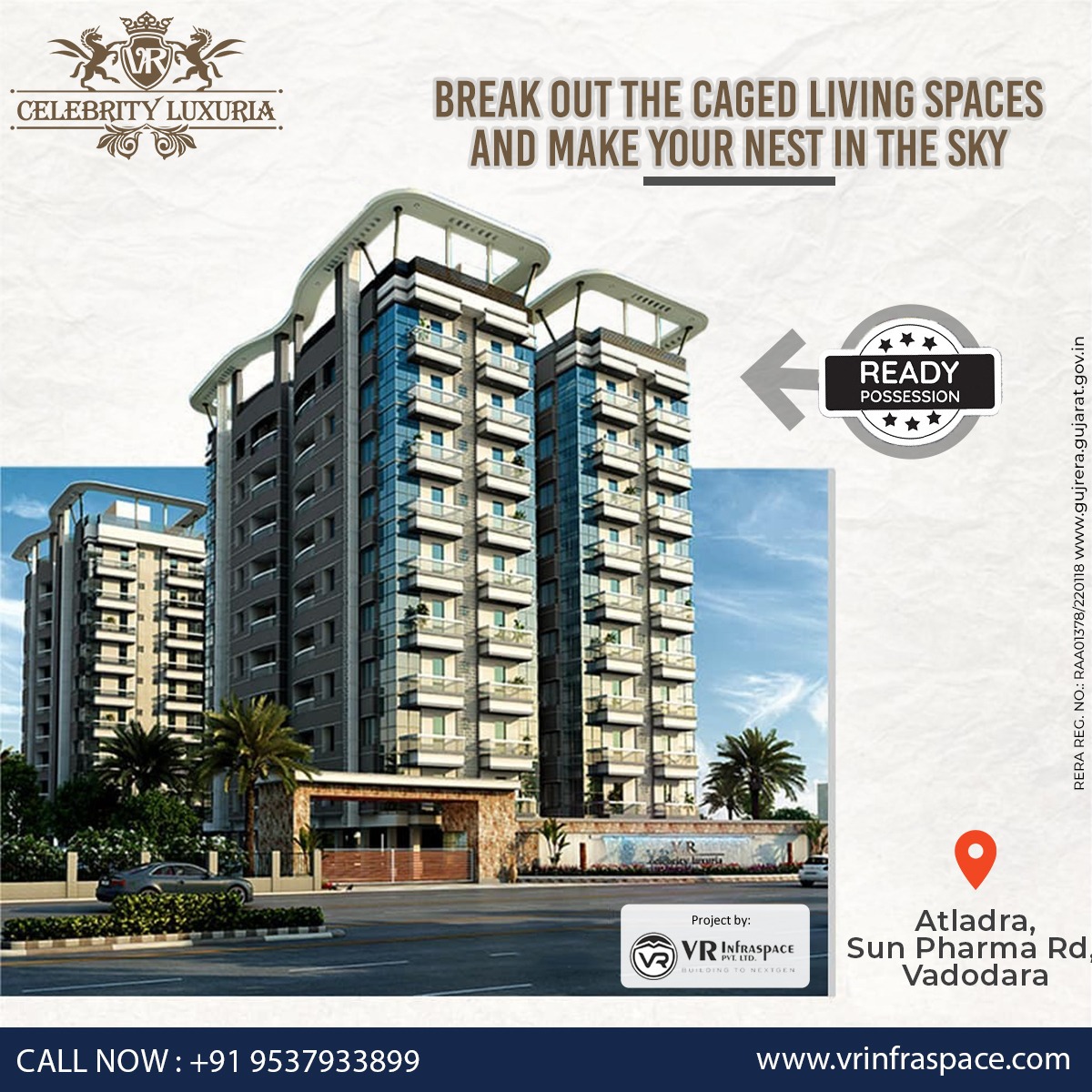 VR_Infraspace's tweet photo. Break out from the caged living space and make your nest in the sky with your homes at Celebrity Luxuria. 
Ready Possession | Book Now 
call +91 95379 33899
#vrinfraspace #celebrityluxuria #realestate #vadodara #baroda #4BHK #luxurious #flats #residential #readypossession https://t.co/poaZuMkhX2