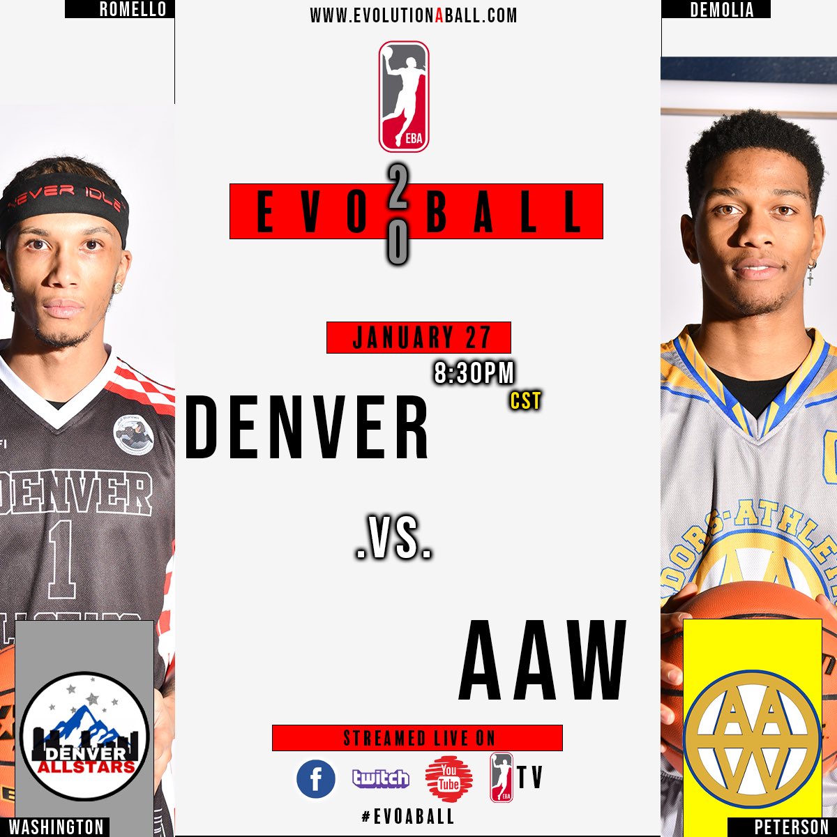 Day 2 of EvoBall 2020 Continues as 

Denver takes on AAW ❗️

Don’t miss a great matchup Wednesday!
🕖8:30pm CST

#evoyourgame
#evoaball #eba #evoaballtourney #explorepage #evoball2020 #history #nbagleague #fiba #eurobasket #ebatv #dallas #usadenver #aaw #denvercolorado