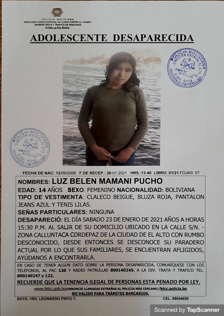 DGTTP2020's tweet photo. #DGTTP2020
#LAPoliciaDeTodosLosBolivianos
Ella es Luz Belen Mamani Pucho de 14 años de edad, salio de su domicilio ubicado por la Z. calluntaca cordepaz, de la ciudad de El Alto, al momento se desconoce su paradero. 
#MenorDesaparecida
#comandoregionalelalto
#TRATADEPERSONAS https://t.co/HQVk8bEKWQ