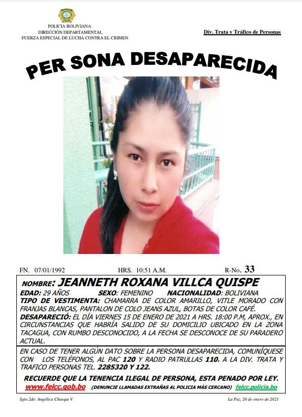 DGTTP2020's tweet photo. #DGTTP2020
#LAPoliciaDeTodosLosBolivianos
Ella es Jeanneth Roxana Villca Quispe  de 29 años de edad, salio de su domicilio ubicado por la Z. de Tacagua, de la ciudad de La Paz, al momento se desconoce su paradero.
#PersonaDesaparecida
#ComandoDepartamentalLaPaz
#TRATADEPERSONAS https://t.co/Ckskc0mtGF