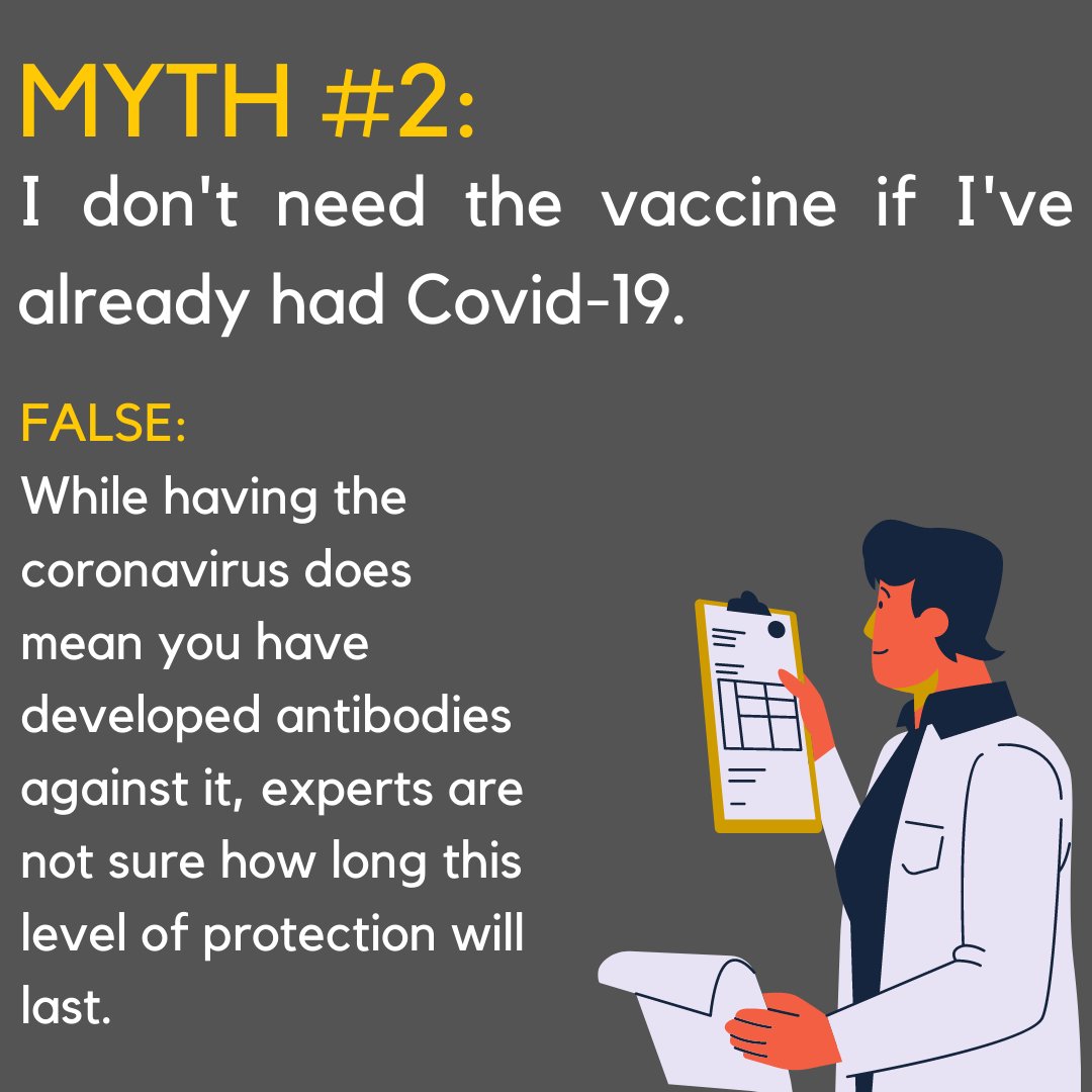  Vaccine Myth #2: I do not need a vaccine if I've already had COVID-19...This is FALSE. You do develop antibodies after having the virus but it is unknown how much protection these offer 