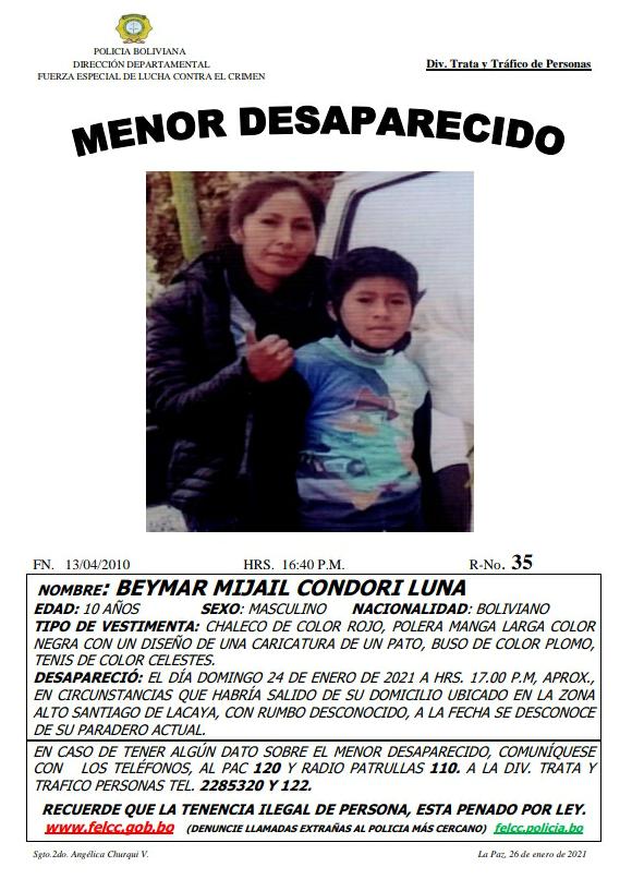 DGTTP2020's tweet photo. #DGTTP2020
#LAPoliciaDeTodosLosBolivianos
#Bolivia
El es Beymar Mijail Condori Luna de 10 años de edad, salio de su domicilio ubicado por la Zona Alto Santiago de Lucaya,  al momento de desconoce su paradero. 
#MenorDesaparecido
#ComandoDepartamentalLaPaz 
#TRATADEPERSONAS https://t.co/Go6x27cJN9
