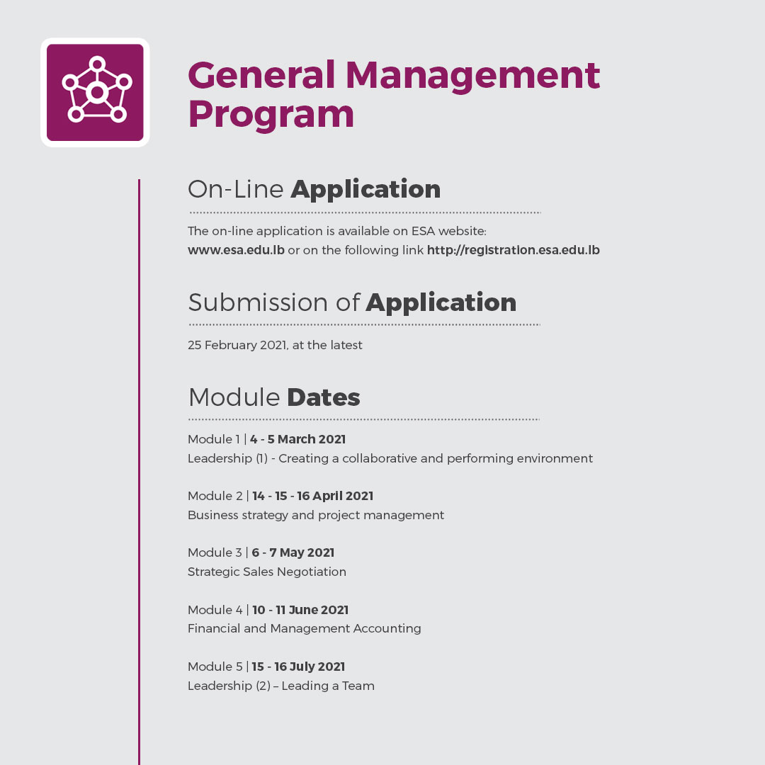 ESABeirut's tweet photo. Few more days to benefit from ESA Executive Education “General Management Program (GMP)” early bird registration fees!

Register now: https://t.co/AQXuaqtn74 

#ESAExecutiveEducation #GeneralManagementProgram #GMP #Certificate https://t.co/c6u8Xp641H