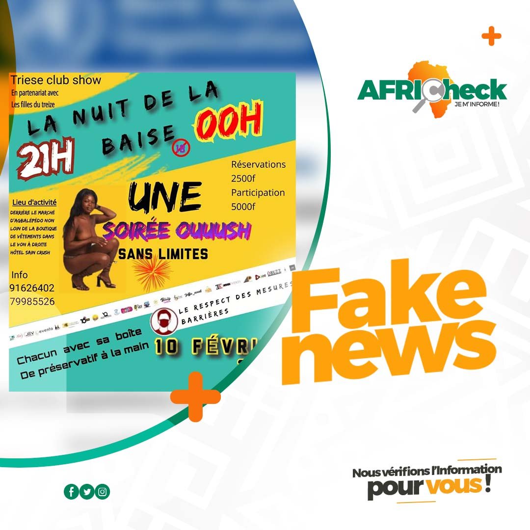 Afric_check's tweet photo. Fake news/Togo
 
Des rumeurs depuis quelques jours circulent sur les toiles accompagnées d’une affiche à caractère immorale invitant à s’inscrire : C’est faux

#Togo #africheck #fakenews #africa https://t.co/cpcXkl34xJ