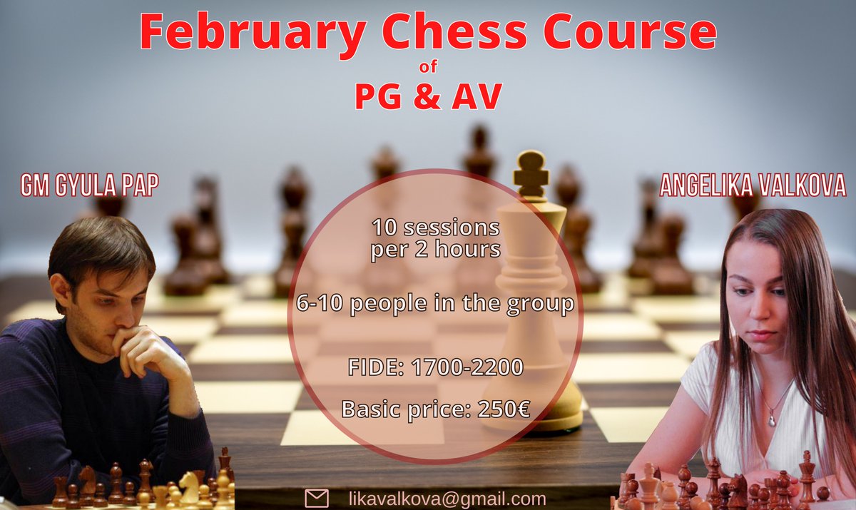 chessborn's tweet image. February Chess Course of PG & AV
If you want to study middlegame with GM Pap Gyula, you can join our course by filling out the form: forms.gle/KskPx2Drv5LT7F…
or contacting us via likavalkova@gmail.com!
Let's improve together!
#Chess #chesscourse #studychess #chesscoach
