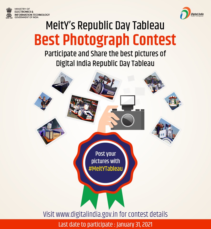 _DigitalIndia's tweet photo. #ContestAlert | Share the best picture(s) you clicked of MeitY's Tableau at India's 72nd #RepublicDay parade with us. 10 Best photographs to be awarded a Digital Certificate by @GoI_MeitY. Post your pictures with #MeitYTableau. For contest T&C, visit - https://t.co/lfioWRk3fV https://t.co/pNsw2EcDFG