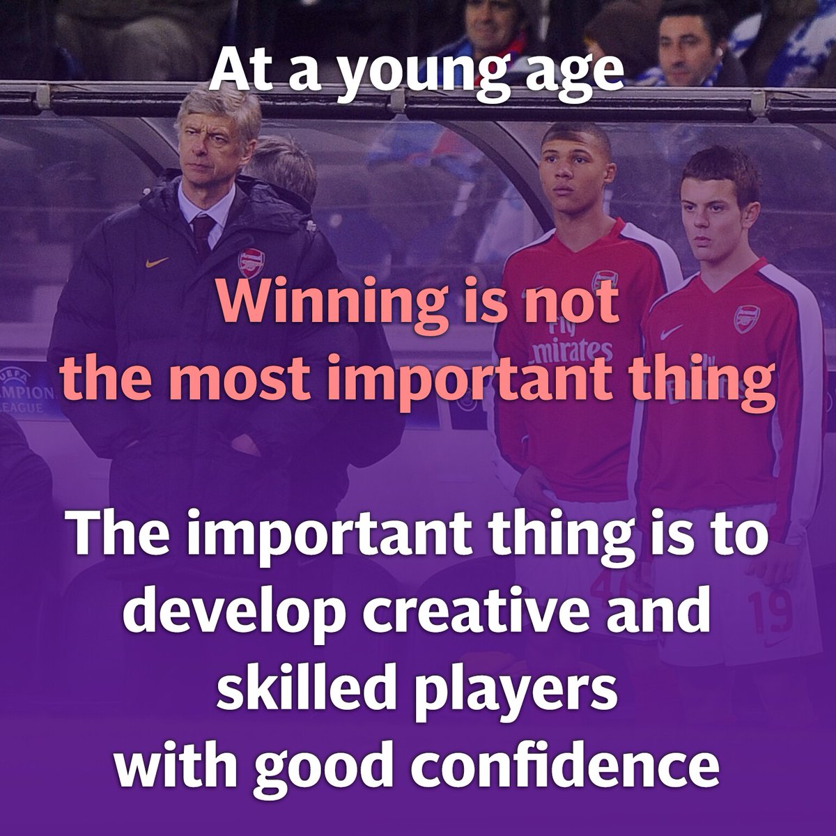 Excellent quote by Arsene Wenger - At a young age winning is not the most important thing. The important thing is to develop creative and skilled players with good confidence. #ArseneWenger #development #youthsoccer #Wednesdaymotivation #soccermeme #confidence #mindsetmatters