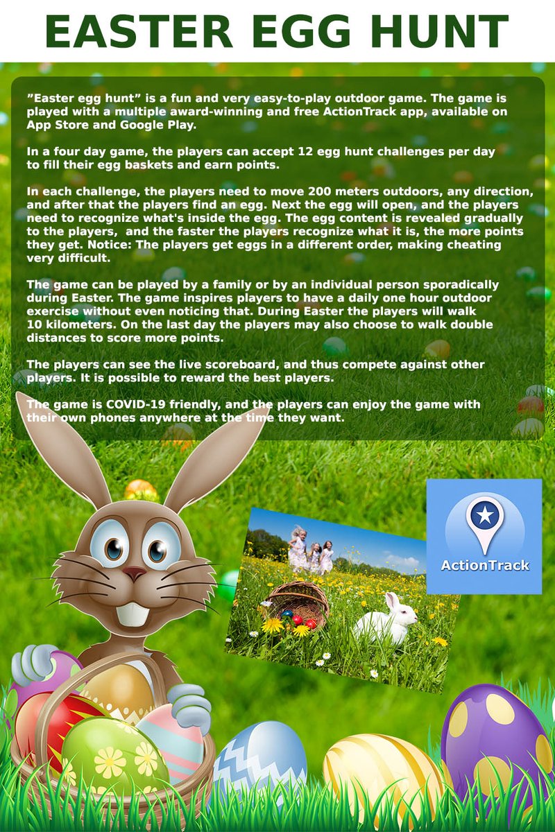 TeamActionZone's tweet image. Something fun for Easter time! More info later. Available for corporations (e.g. employees' families) and consumers. The game is available in English and Finnish (for now). #Easter #Fun #Outdoors #Family