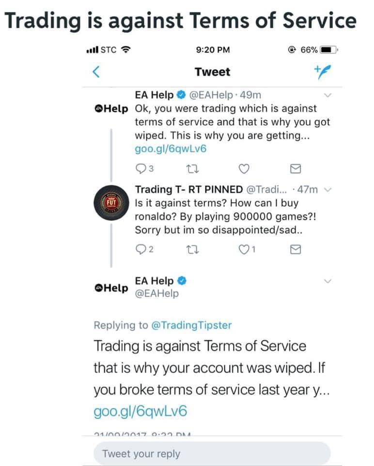 FromFifa's tweet photo. No site da EA diz explicitamente que não comprem moedas contudo o seu serviço de ajuda vem dizer o contrario. Em que ficamos?
#Inaptos
#incopetentes https://t.co/4lgc0cMXtG