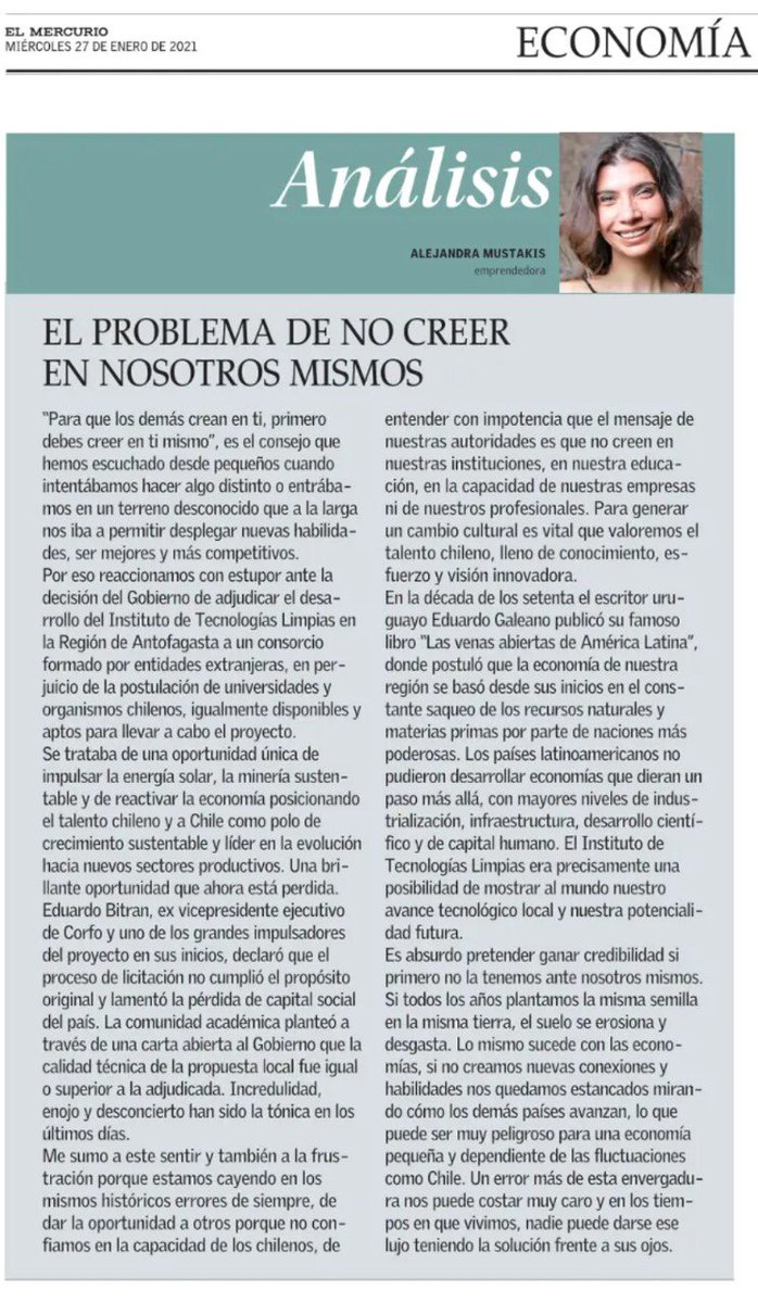 “Para que los demás crean en ti, primero debes creer en ti mismo”. Muy interesante la columna de hoy de <a href="/alemustakis/">alemustakis</a> en <a href="/ElMercurio_cl/">elmercurio_cl</a> sobre el #ITL 👇🏼
