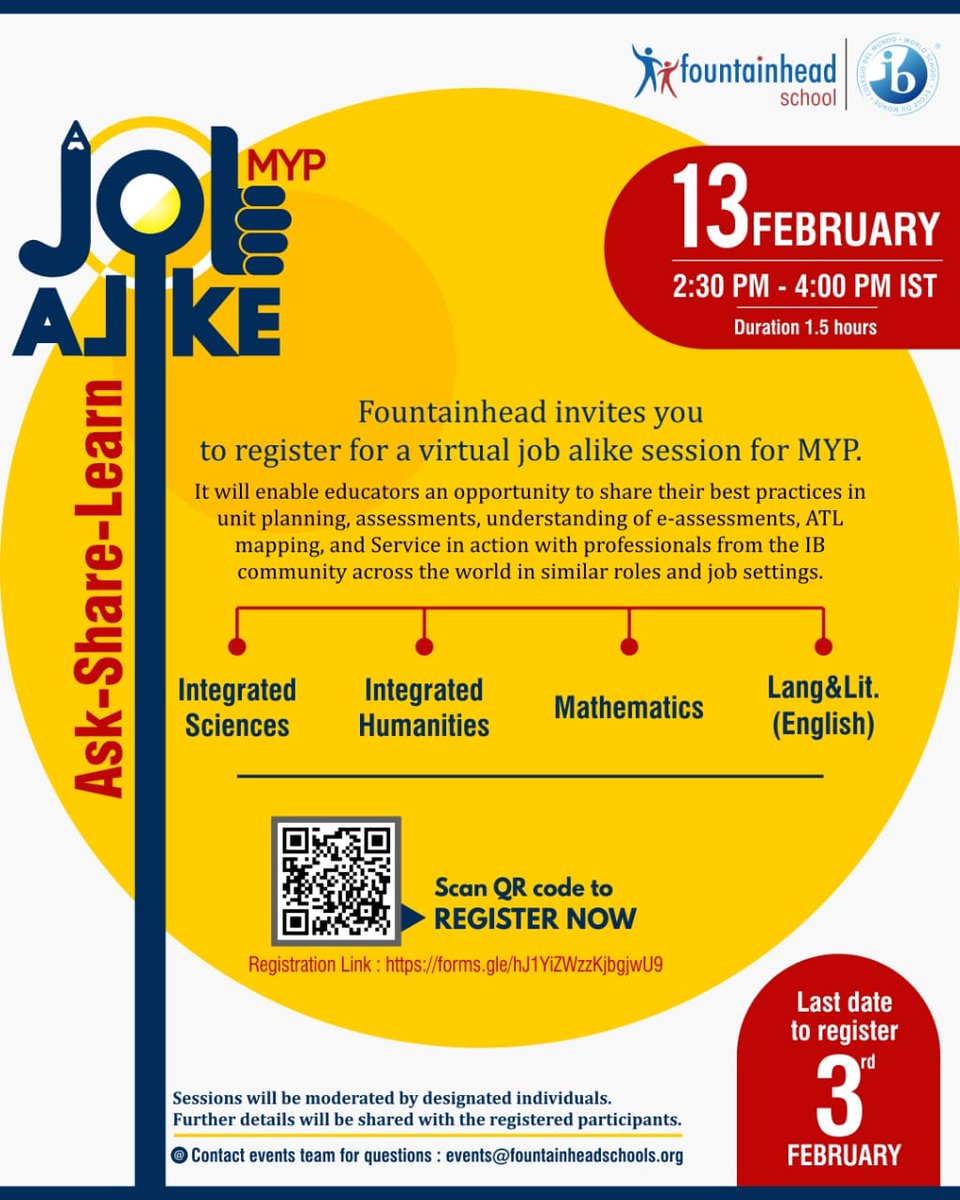 Fountainhead School, Surat invites MYP educators of Integrated Sciences, Integrated Humanities, Mathematics, Lang&amp;Lit.(English) to register for job alike session on 13th Feb-  link- forms.gle/hJ1YiZWzzKjbgj… #ibmyp #fssurat