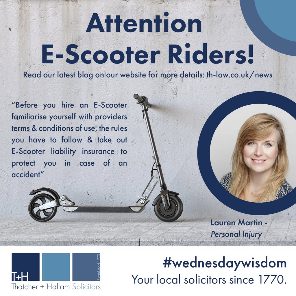 thsolicitors's tweet photo. Attention E-Scooter Riders! 🛴 Check out our latest blog by Lauren Martin from our Personal Injury team on the rules and potential risks and how to keep yourself safe when hiring an E-Scooter around Bath &amp; Bristol. #wednesdaywisdom https://t.co/rGnRqZvDew