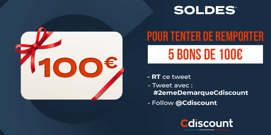 Cdiscount's tweet photo. #Concours 🎁

La deuxième démarque des #CdiscountSoldes vient de commencer ➡ https://t.co/rH5TiMO2D7
Le cadeau du jour : 5 bons d'achat de 100€ pour en profiter !

Pour tenter ta chance :

🔹 RT ce tweet
🔹 Tweet avec #2emeDemarqueCdiscount
🔹 Follow @Cdiscount

🍀 TAS le 29/01 https://t.co/WvbKhoRcBj
