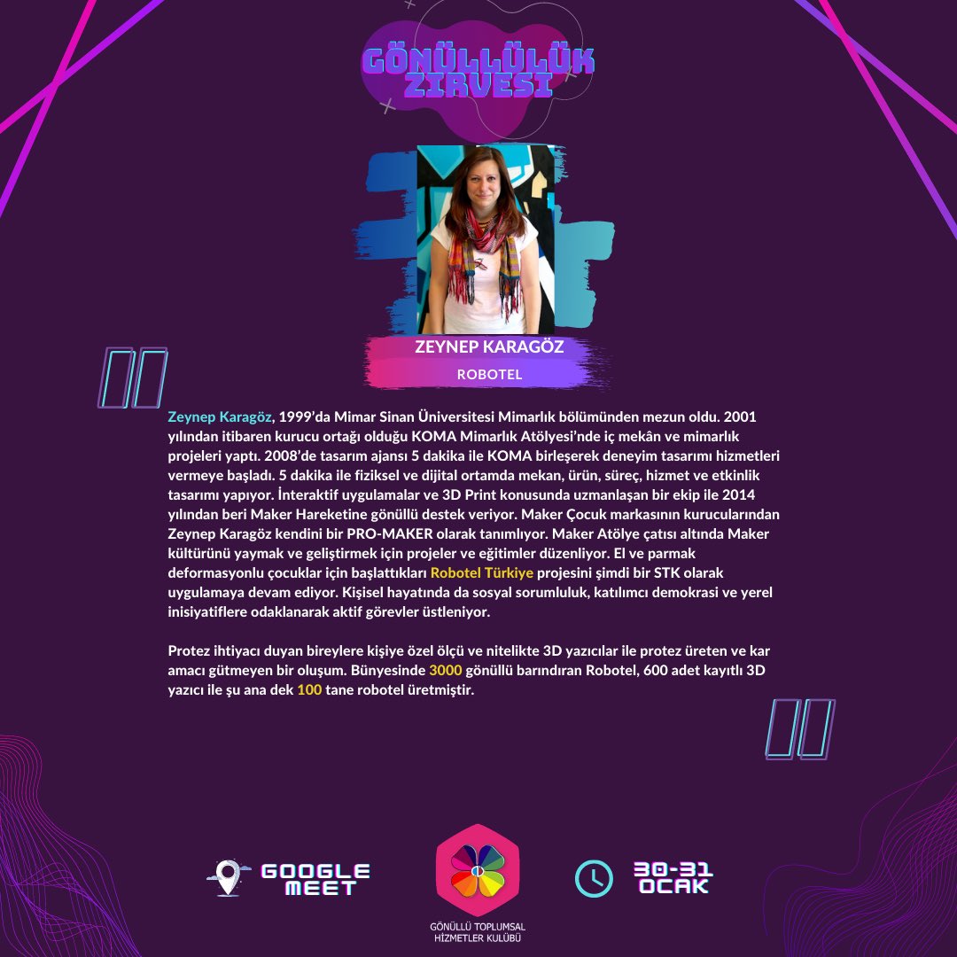 31 Ocak Pazar günü Gönüllülük Zirvemizde Türkiye'nin yardım eli Robotel Türkiye kurucusu Zeynep Karagöz bizlerle olacak 🍀💜 <a href="/RobotelTR/">Robotel Türkiye</a> #anadoluüniversitesi