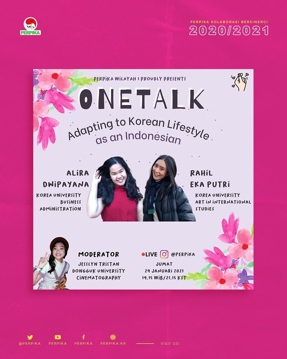 Perpika's tweet image. ✨Perpika Wilayah 1 proudly presents: ONETALK #2✨
🇰🇷“Adapting to Korean Lifestyle as Indonesian”🇲🇨

📍 LIVE IG PERPIKA
📆 Jumat, 29 Januari 2021
🕖 Pukul 21.15 KST / 19.15 WIB 

Kami tunggu kehadiran dan partisipasinya🤗❣️