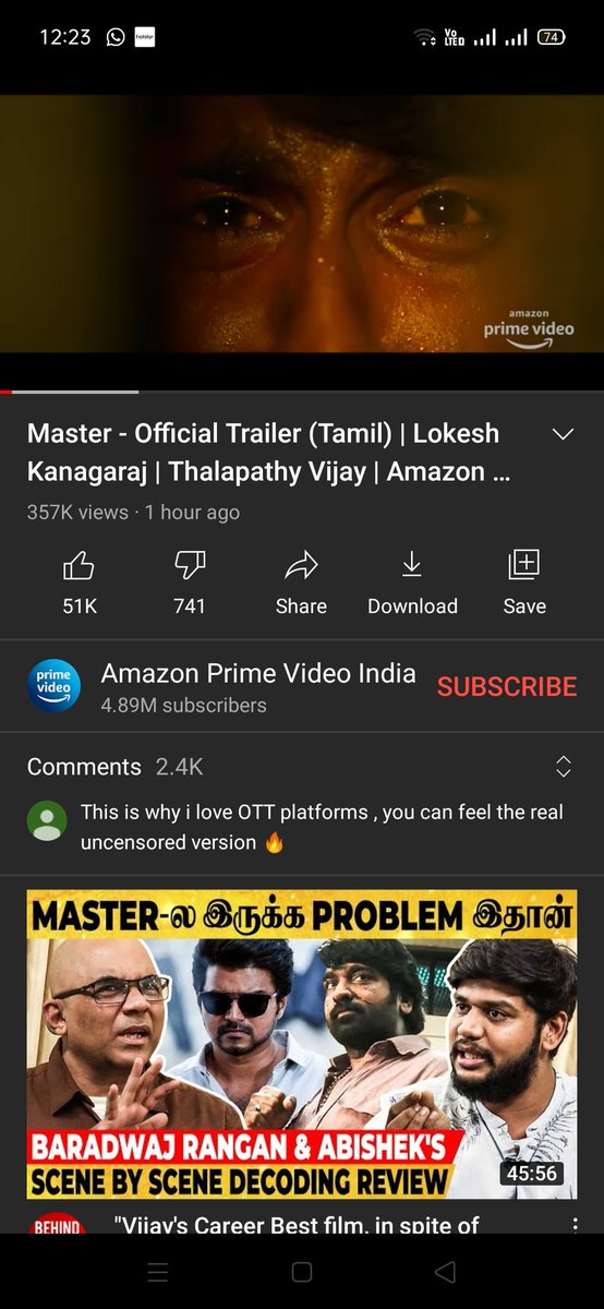 After 1 Hour Updates ..!

#ViswasamTrailer - 600K Likes ,4.5M Views 🔥
#MasterTrailer - 50K+ Likes ,350K Views 

Without Pre-Announcement Without Vijay Mafia Paid Likes -#OTTStarVijay Is Nothing 👎

#Valimai