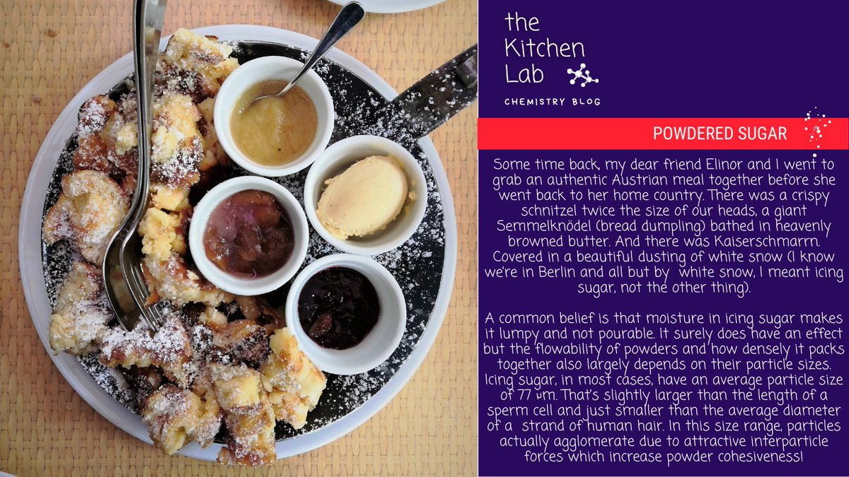 theKitchenLab_'s tweet photo. What makes #icingsugar clumpy and not so pourable?
#thekitchenlab #foodscience #food #science #chemistry #foodchemistry #scicomm #foodfacts #funfacts #sugar #puderzucker #particlesize #small #microns #sticky #sweet #kaiserschmarrn #dessert #pancakes #austrian #german https://t.co/XSn1Xuj030