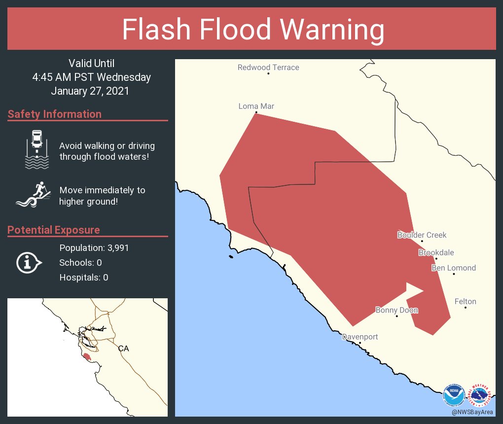 NWSBayArea's tweet photo. Flash Flood Warning including San Mateo County, CA, Santa Cruz County, CA until 4:45 AM PST https://t.co/hz2590JJON